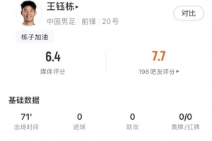 瑞士vs波黑-8-王钰栋全场数据：13次触球7传球1关键传球，评分6.4