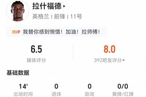 十耳其vs巴拉圭-3-拉什福德本场替补14分钟：0射门0关键传球 2对抗0成功 获6.5分