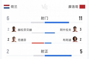 突尼斯vs荷兰-11-点球大战出局，荷兰1-1摩洛哥全场数据：射门6-11，射正2-5
